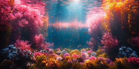 Wall Mural - Underwater coral reef with vibrant tropical wildlife, sunbeams, and scuba divers amidst colorful fish.