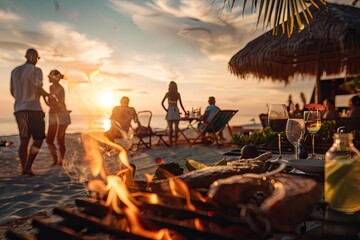 People enjoying a beach barbecue at sunset, with food cooking on the grill and a beautiful tropical setting in the background.