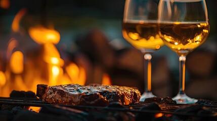 Poster - Sizzling steak on the grill with two glasses of white wine, set against a warm, inviting background perfect for a cozy evening.