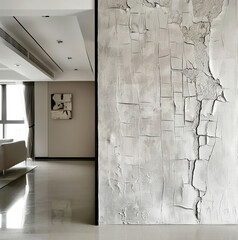 Wall Mural - Cracked concrete wall with copy space in minimalist interior design of modern living room, background.