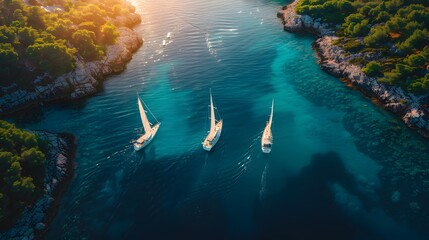 Competitive Sailing: Drone View of Yachts Racing Along the Coast