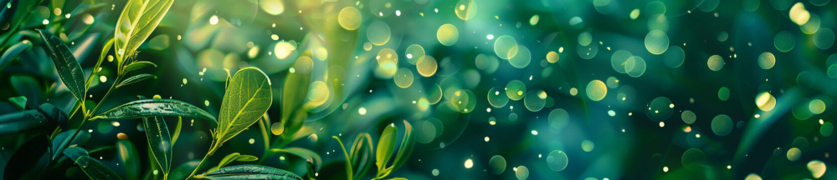 Green leaf with blurred nature background banner, copy space for text and natural landscape greenery wallpaper concept