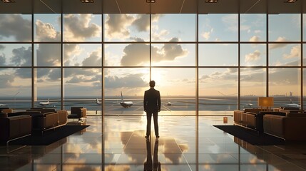 Sunrise Businessman: Silhouetted Departure with Plane and Baggage at Modern Airport Terminal