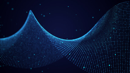 Poster - A wave of blue particles. Big data. Abstract dynamic background. 3d rendering.