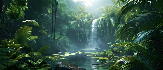  A lush rainforest with a hidden waterfall and exotic animals