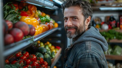 Cheerful man in casual attire smiling at the camera while leaning on an open fridge filled with fresh groceries