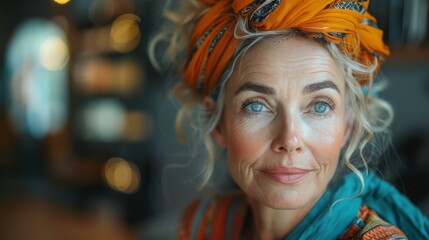Mature woman with blue eyes and a joyful expression, wearing a vibrant headscarf in a bohemian-chic setting