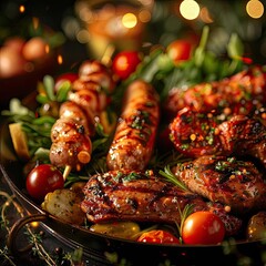 Poster - Close-up of grilled meats, sausages, and vegetables in a festive, warm setting with twinkling lights, perfect for BBQ or food-related themes.