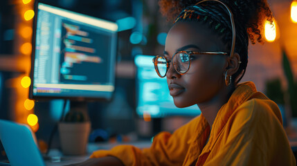 Focused Black Female Developer Programming on Laptop at Night in Office