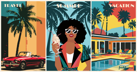 Wall Mural - Set of summer posters in retro style with a pool, beautiful woman drinking milkshake, car, villa, palm trees. Summer time, vacation digital prints, cover template. Vector illustration.	