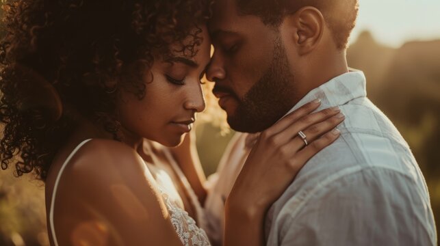 At twilight, bride and groom embrace for marriage care, love, and support. Happy black woman holding man in nature for commitment and love.