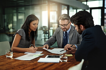 Poster - Businesspeople, deal and meeting with documents in boardroom, office and sign for corporate b2b sale. Collaboration, attorney with paperwork and contract, management and planning for negotiation