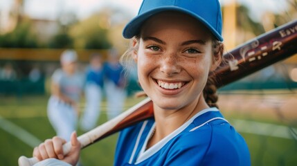 A lady with a baseball, bat, and smile on a training, workout, or match practice field. Competition, performance, and workout with happy smile and female softball batter at park.