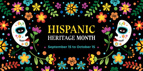Wall Mural - Hispanic heritage month. Vector web banner, poster, card for social media, networks. Greeting with national Hispanic heritage month text, floral pattern and Calavera mask on black background.