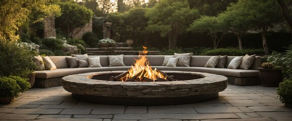 A luxurious outdoor fire pit with flames, surrounded by comfortable seating against a lush backdrop