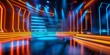 © Anastasiia - Neon lights bring colorful glow to modern game show stage without an audience. Concept Game Shows, Neon Lights, Modern Stage, Colorful Glow, Audience-less