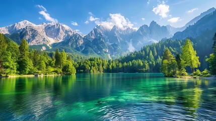 Wall Mural - Captivating Morning Scenery: Fusine Lake with Majestic Julian Alps and Mangart Peak in the Background - Travel Concept in Udine, Italy, Europe