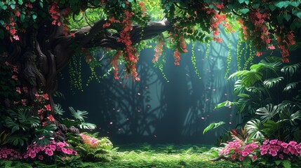 Wall Mural - A vibrant jungle scene with a massive ancient tree, dangling vines, and diverse tropical flowers, all isolated on a transparent background.