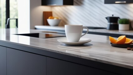 A white coffee cup sits on a plate on a marble countertop. The countertop is clean and shiny, and there are oranges and a bowl on the counter. Concept of calm and relaxation, as the coffee cup