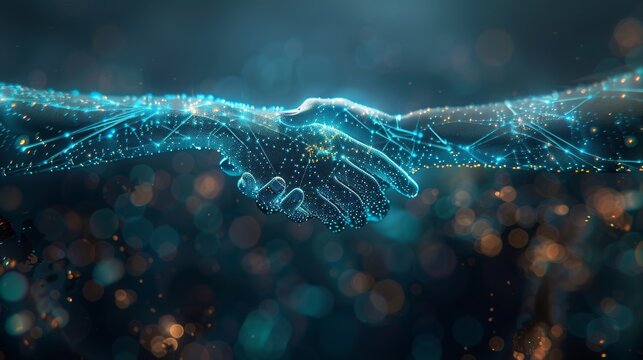Handshake of two men with blockchain hologram. Crypto business concept.