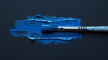 Wall Mural - A paintbrush with blue color is placed on a dark background.