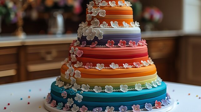 Multi-tiered rainbow wedding cake with white flower decorations.