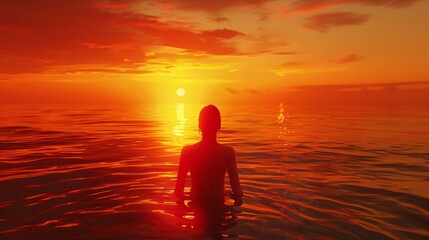 Wall Mural - Woman standing waist-deep in ocean watching vibrant sunset over calm water