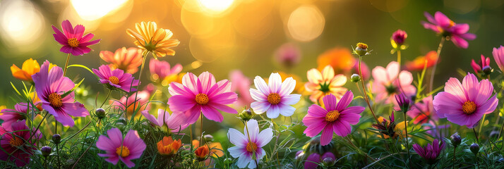 Colorful flowers in the garden with sunlight and a green background. Spring or summer nature landscape.flower garden bathed in the warm light of sunset, showcasing a variety of colorful blooms
