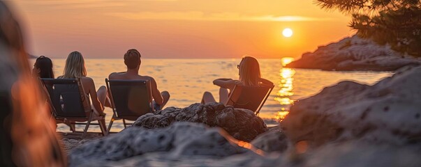 Friends enjoy a stunning sunset by the ocean, seated on beach chairs, relaxing on a rocky shore, capturing a beautiful summer moment.