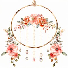 Wall Mural - Floral arrangement with precious stone-adorned golden circle and leafy frame