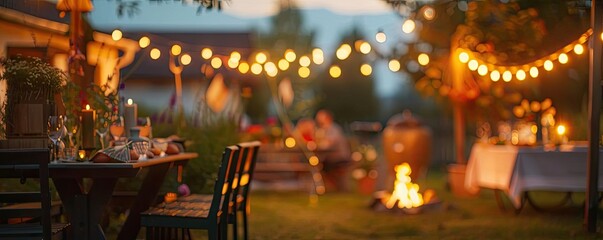 Cozy outdoor evening gathering with glowing string lights, tables, chairs, and a warm fire pit, creating a festive and inviting atmosphere.