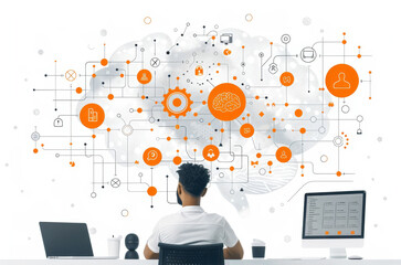 Poster - Businessman Analyzing Data in an Abstract Brain Network - Conceptual Illustration of Intellectual Work and Advanced Technology in Modern Business Setting