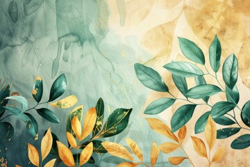 a Watercolor waterpaint adorned with defocused green leaves and yellow leaves arrangement for banner advertisement, adding a touch of allure and vibrancy to marketing visuals.