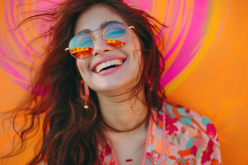 Wall Mural - young stylish indian woman wearing sunglasses on colorful background