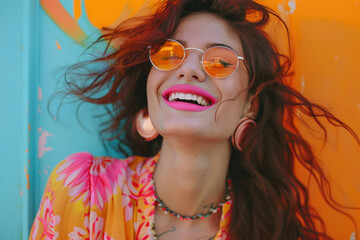 Wall Mural - young stylish indian woman wearing sunglasses on colorful background