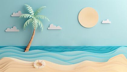 Wall Mural - A paper drawing of a beach scene with palm trees and a large sun in the sky by AI generated image