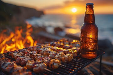 Wall Mural - Enjoy the vibrant atmosphere of an outdoor party where a group of people is grilling barbecues under the warm glow of tungsten bulb lights, creating a lively and cozy Twilight time gathering.