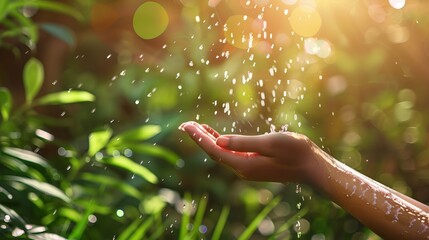 Refreshing Water Pouring into Woman's Hand Against Serene Nature Background - Eco-Friendly Environment Concept