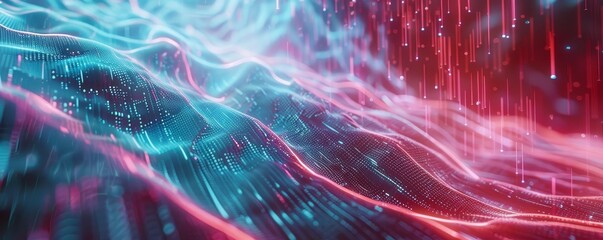 Wall Mural - Futuristic digital abstract background showcasing flowing neon red and blue lines representing data streams and technological innovation.