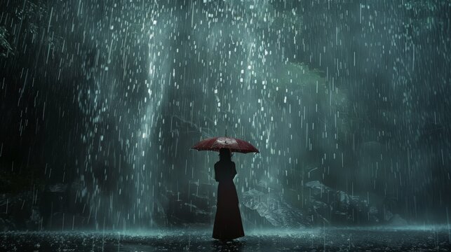 the woman gracefully holds her umbrella aloft as raindrops cascade down from the sky, creating a ser