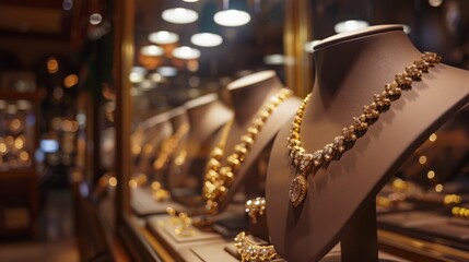 In the heart of the jewelry store, a display of gold necklaces sparkles under the bright lights, showcasing their exquisite craftsmanship and timeless elegance