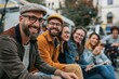 © Iigo - portrait of smiling hipster man with friends sitting in bus stop