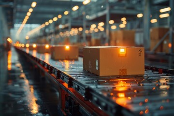 Wall Mural - dynamic scene as multiple cardboard box packages smoothly traverse conveyor belt within busy warehouse fulfillment center, symbolizing intersection of delivery efficiency,
