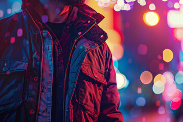 Fashionable man in a stylish jacket with colorful bokeh background