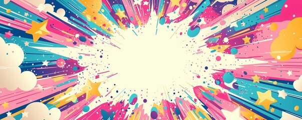 Vibrant confetti and star explosion on colorful background with blank white space in the center