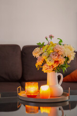 Wall Mural - summer bouquet in home interior with burning candles