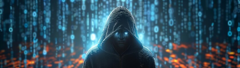 Wall Mural - Tech noir thriller Hooded figure with obscured face against a backdrop of flowing digital code, perfect for tech thriller or cybersecurity themes