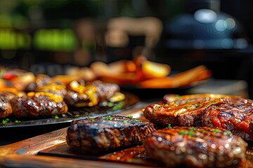 Wall Mural - Close-up of juicy grilled steaks and vegetables on barbecue, with sunlight highlighting the delicious, grilled food ready to be served.