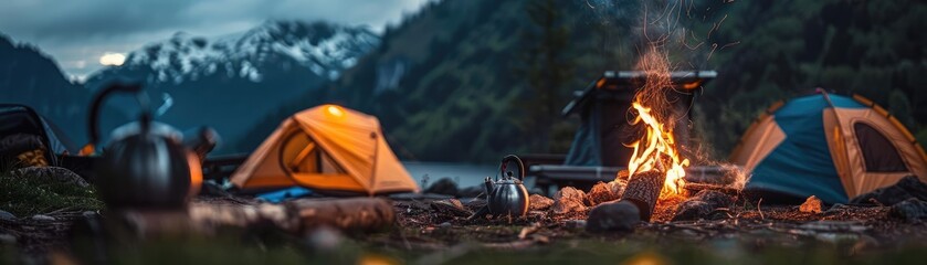 Scenic campsite with tents near a lake and mountains, campfire burning in the foreground under a moody sky, ideal for outdoor exploration.