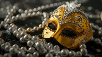 Elegant Golden Carnival Mask with Pearls on Black Background